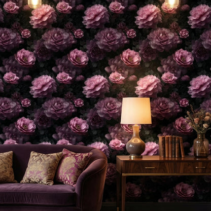 Koyu Zeminde Mor Şakayık Duvar Kağıdı Çiçek Desenli Salon