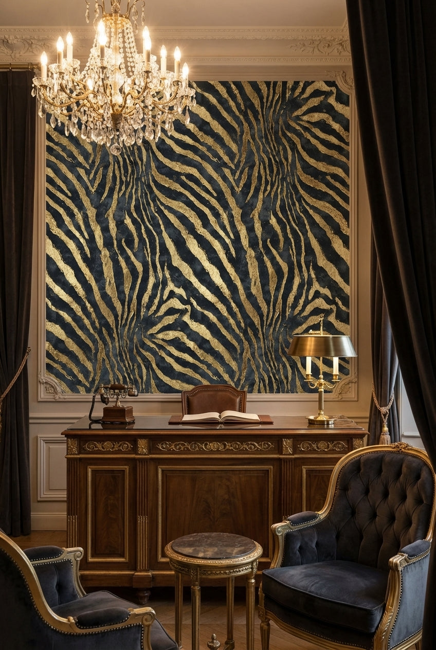 Zebra Desenli Duvar Kağıdı Siyah Altın Salon