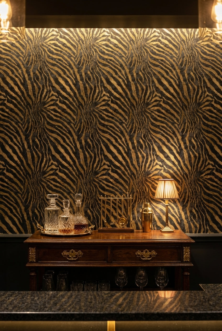 Zebra Desenli Duvar Kağıdı Siyah Altın Salon
