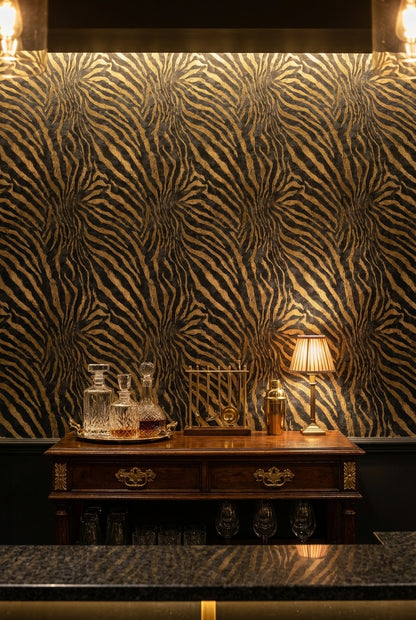 Zebra Desenli Duvar Kağıdı Siyah Altın Salon