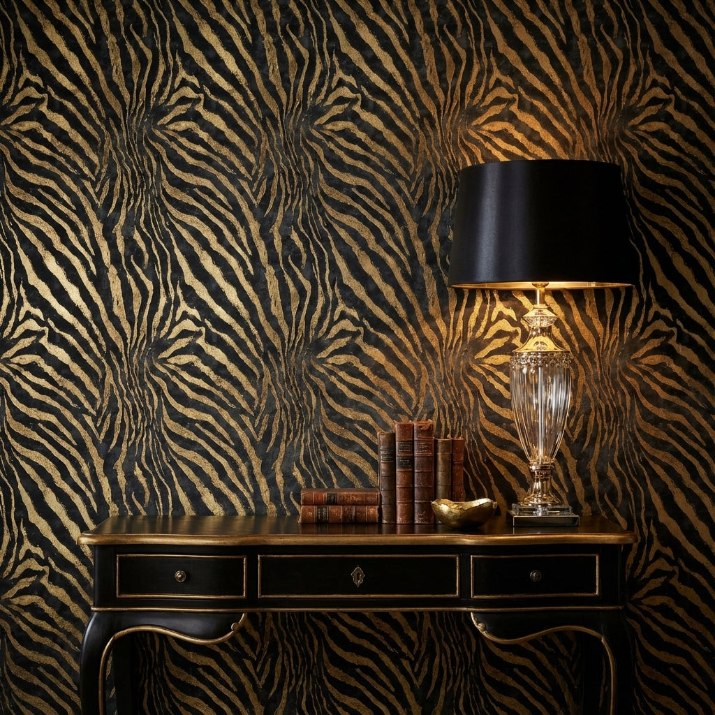 Zebra Desenli Duvar Kağıdı Siyah Altın Salon