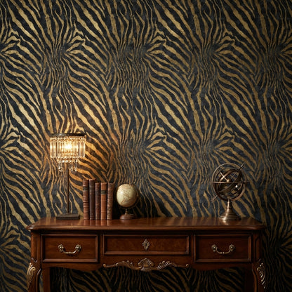 Zebra Desenli Duvar Kağıdı Siyah Altın Salon