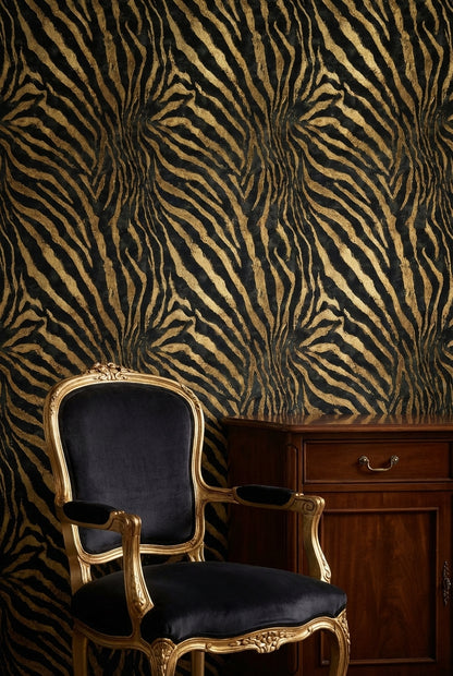 Zebra Desenli Duvar Kağıdı Siyah Altın Salon
