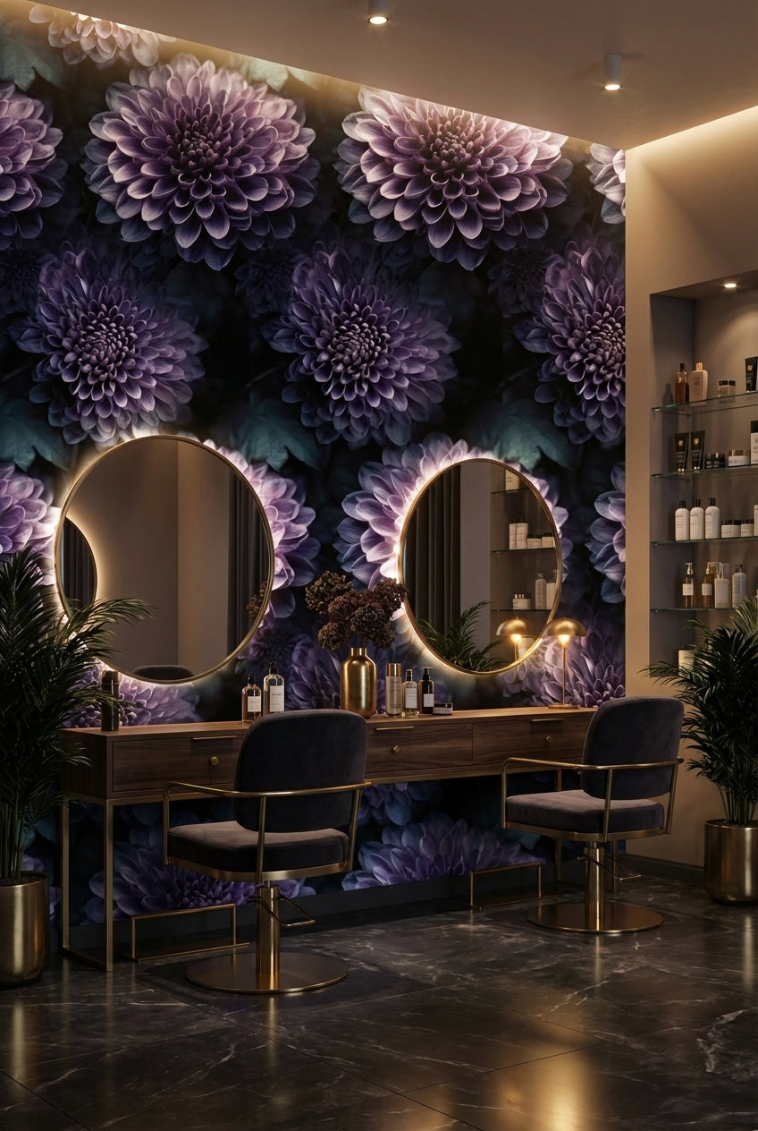 Mor Krizantem Çiçekli Duvar Kağıdı Koyu Zemin Salon