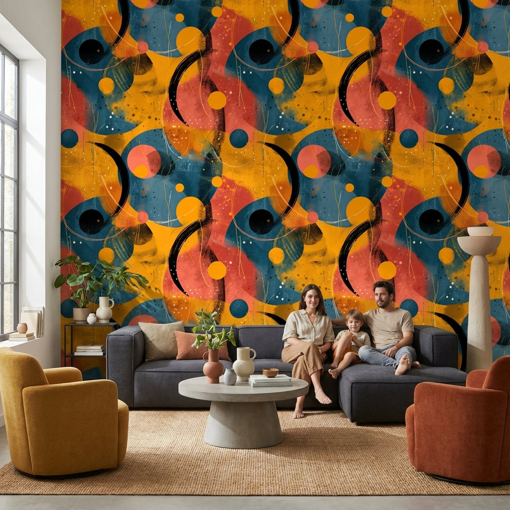 Renkli Soyut Daireli Duvar Kağıdı Modern Salon Duvar Dekoru