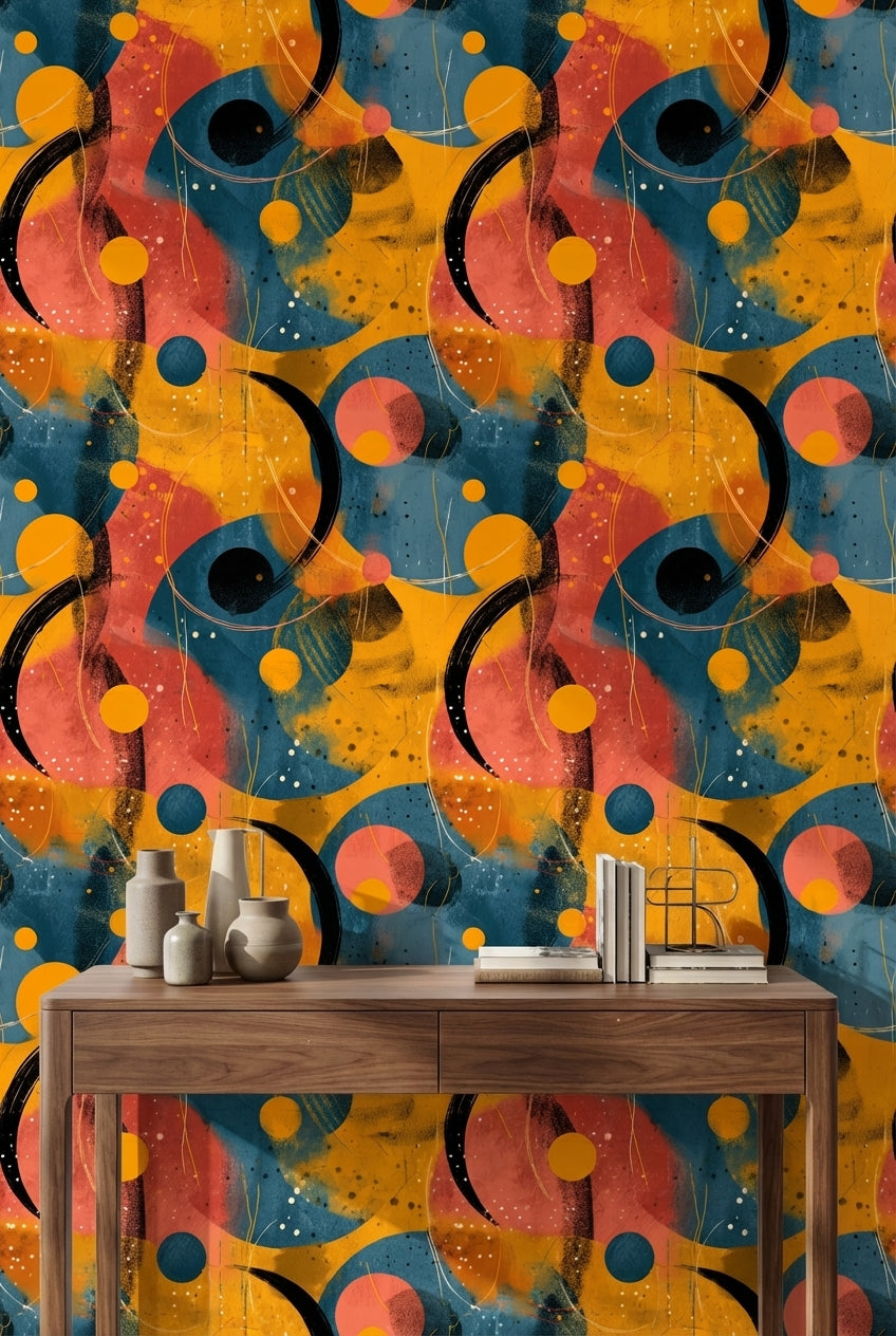 Renkli Soyut Daireli Duvar Kağıdı Modern Salon Duvar Dekoru