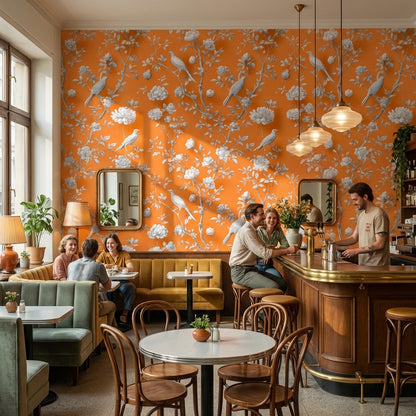 Kuşlu Çiçek Desenli Duvar Kağıdı Turuncu Vintage Salon