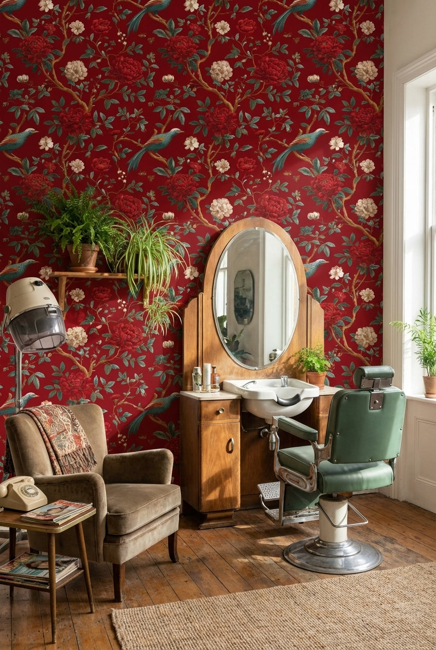 Kırmızı Çiçekli ve Kuşlu Duvar Kağıdı Klasik Salon