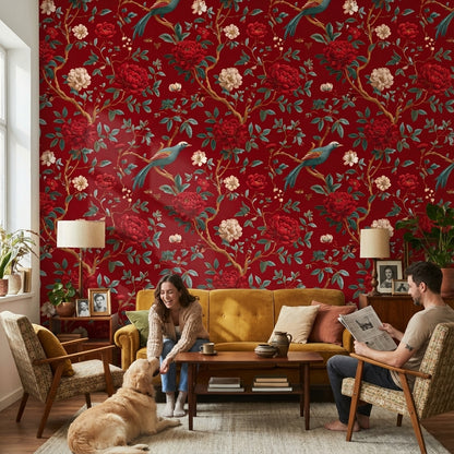 Kırmızı Çiçekli ve Kuşlu Duvar Kağıdı Klasik Salon