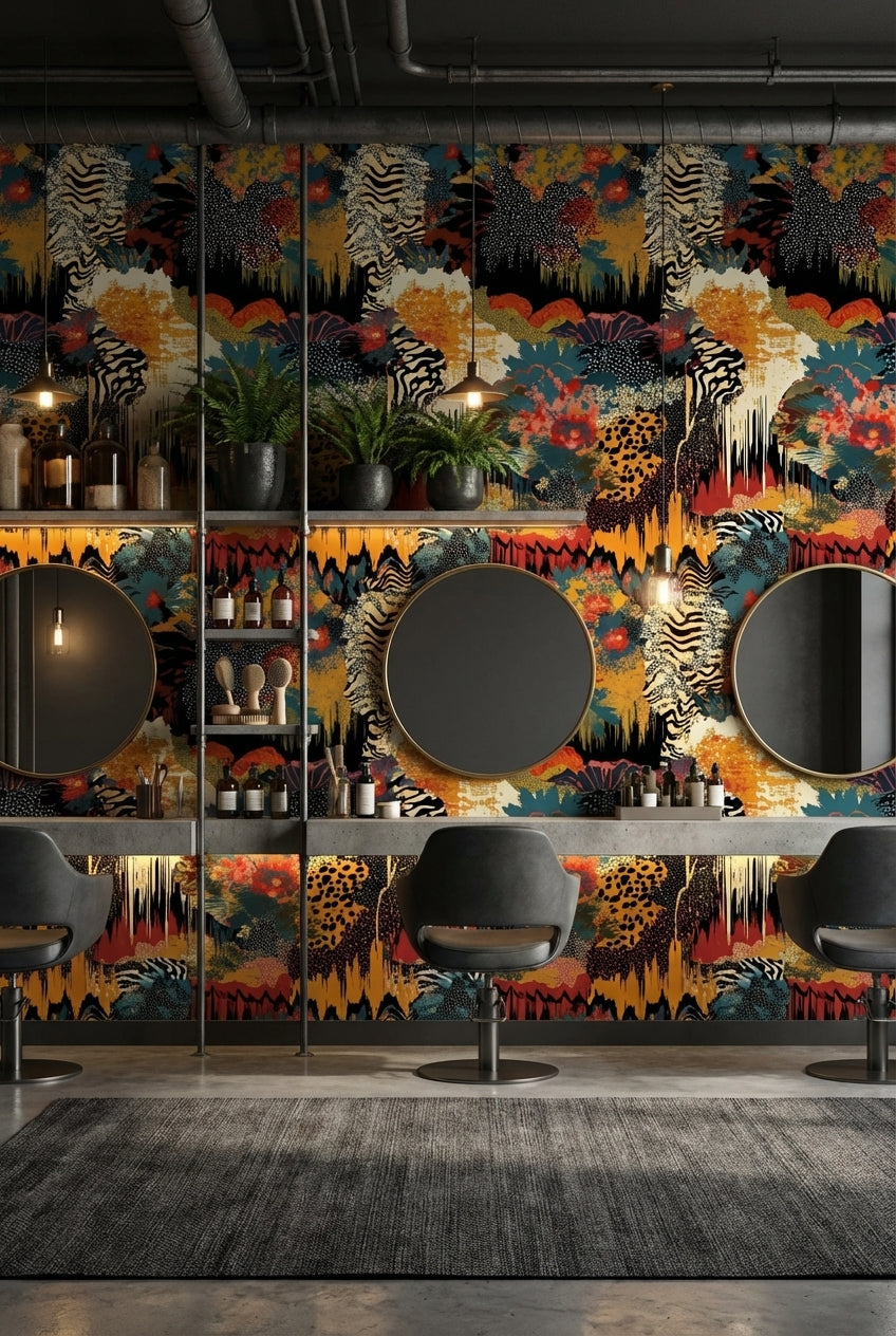Soyut Leopar Desenli Duvar Kağıdı Çok Renkli Modern Salon