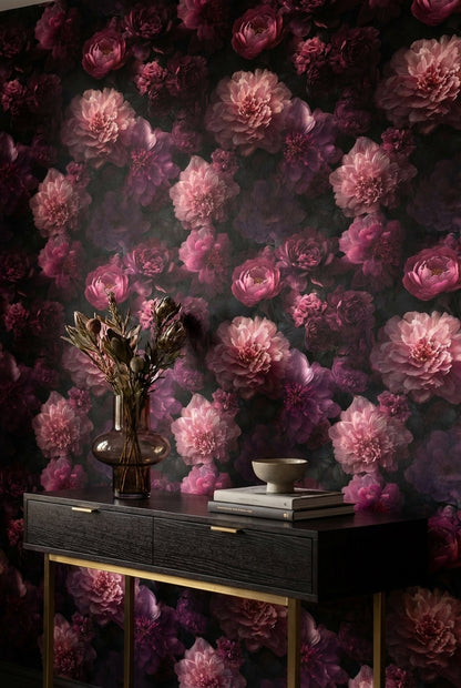 Koyu Zemin Gül Çiçekli Duvar Kağıdı Bordo Pembe Desen