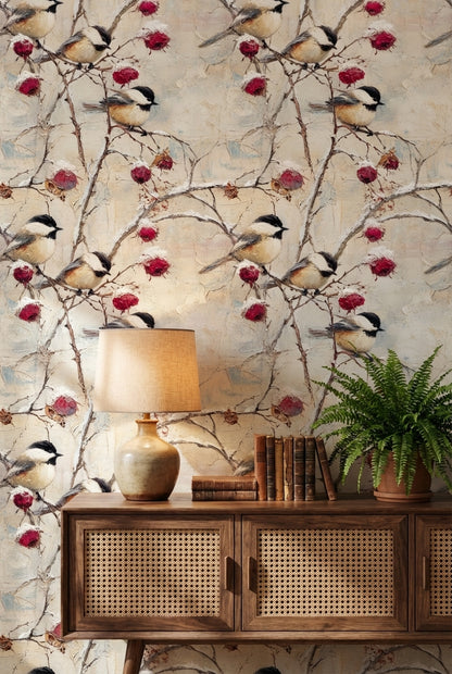Kuşlu Dallı Duvar Kağıdı Bej Zemin Kırmızı Meyveli