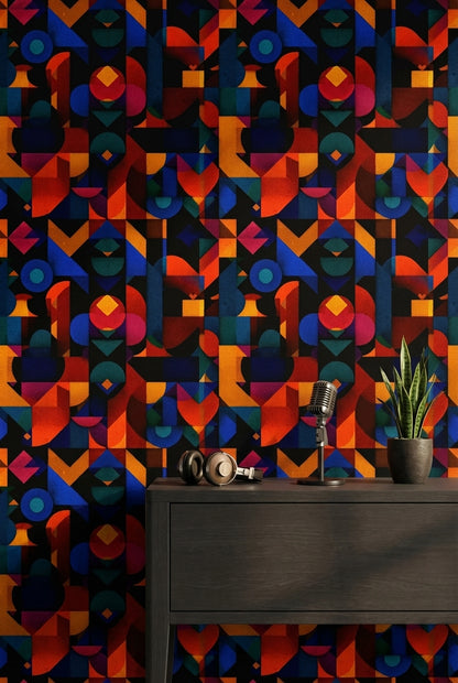 Renkli Geometrik Duvar Kağıdı Modern Soyut Desenli Salon
