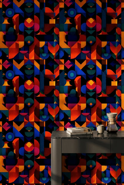 Renkli Geometrik Duvar Kağıdı Modern Soyut Desenli Salon