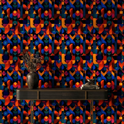 Renkli Geometrik Duvar Kağıdı Modern Soyut Desenli Salon