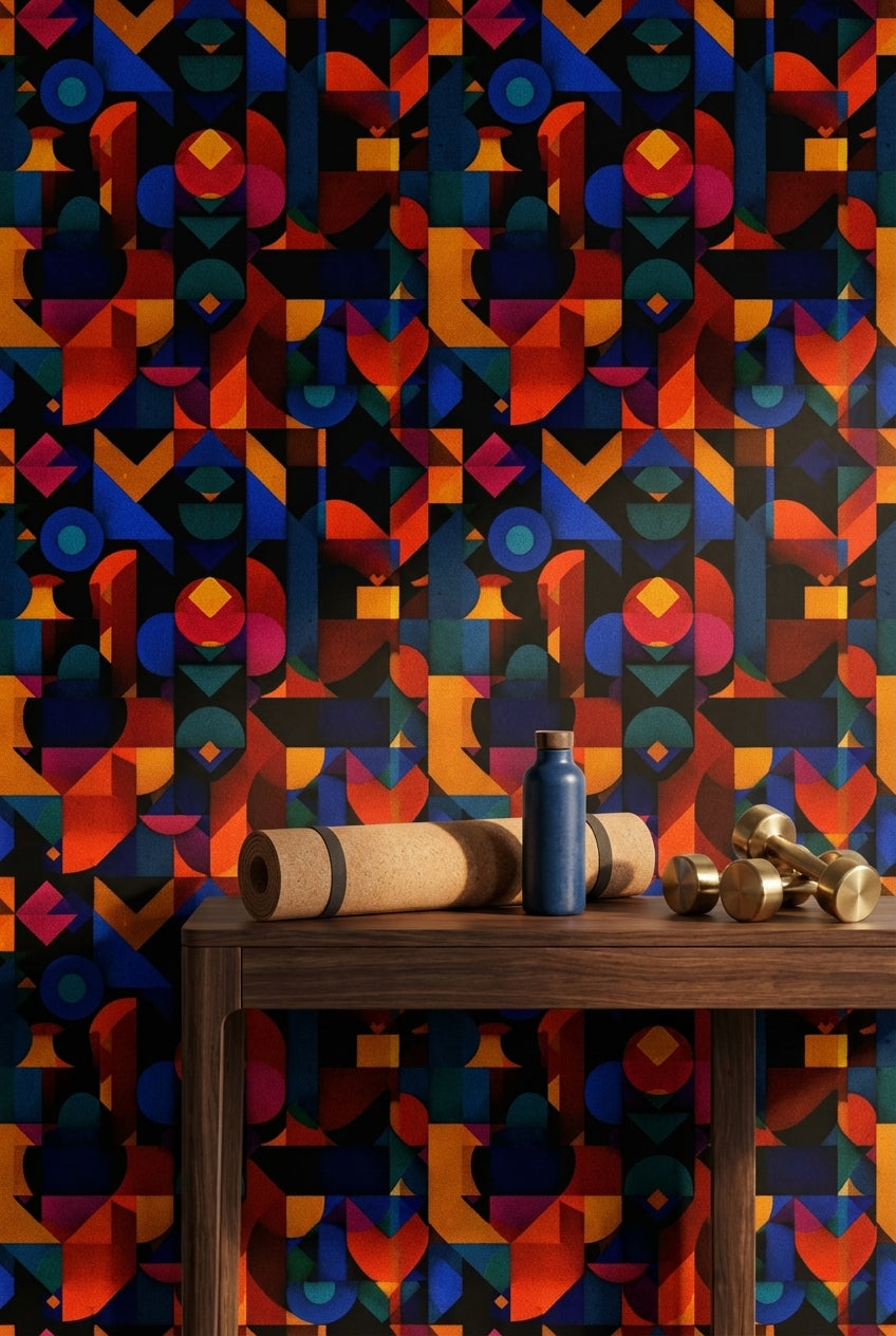 Renkli Geometrik Duvar Kağıdı Modern Soyut Desenli Salon
