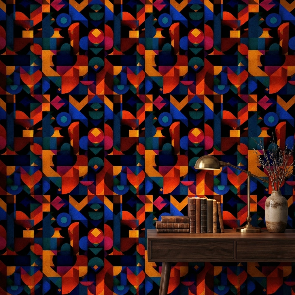 Renkli Geometrik Duvar Kağıdı Modern Soyut Desenli Salon