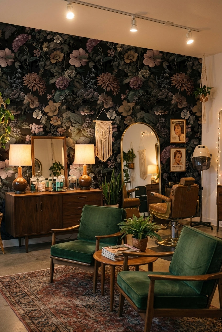 Koyu Zeminli Vintage Çiçek Desenli Duvar Kağıdı Salon