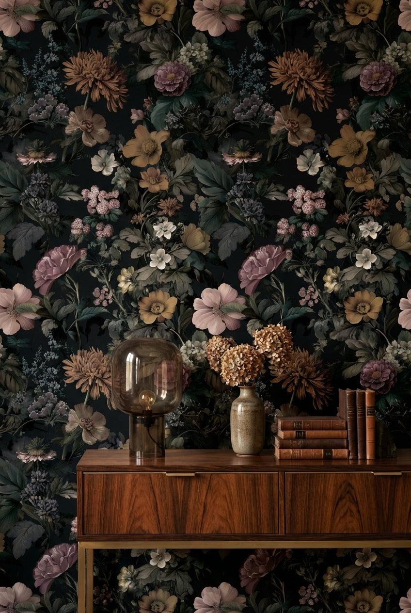 Koyu Zeminli Vintage Çiçek Desenli Duvar Kağıdı Salon