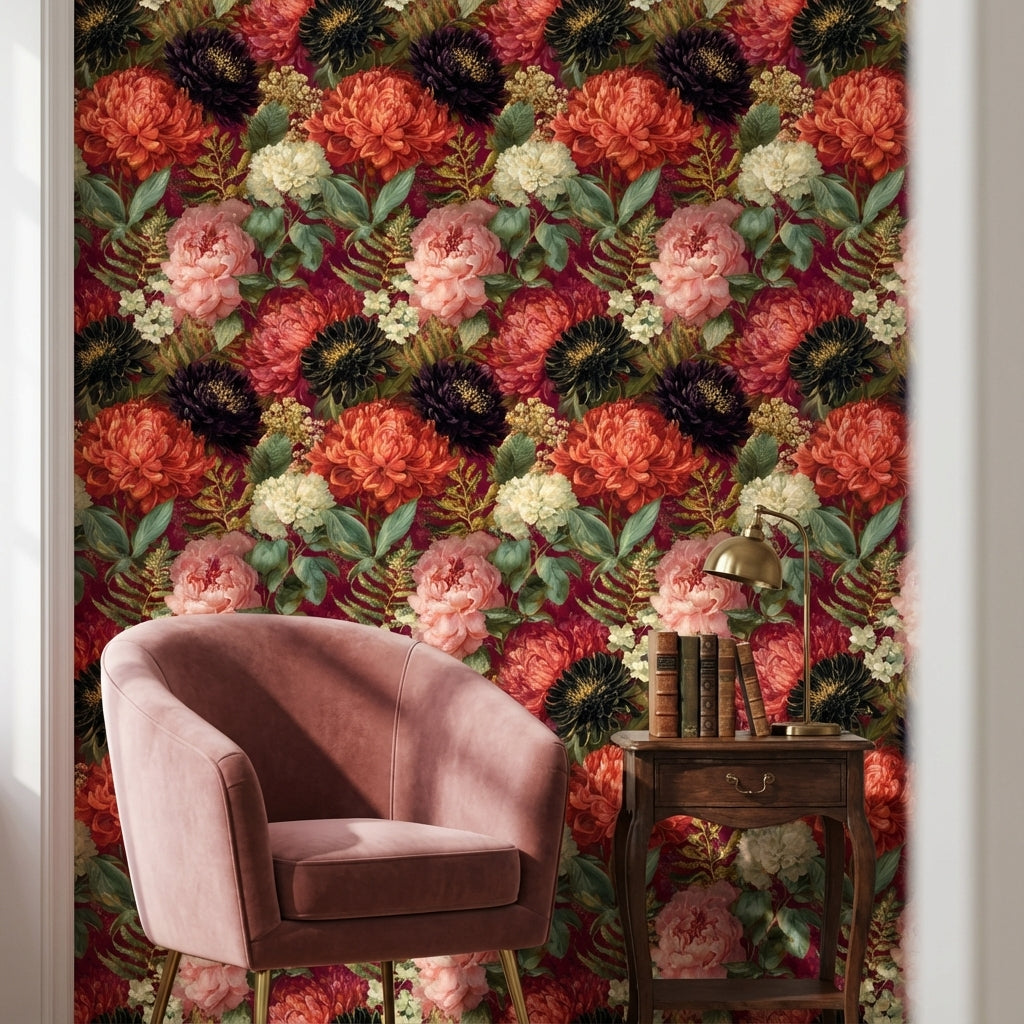 Vintage Çiçek Desenli Duvar Kağıdı Bordo Fon Salon