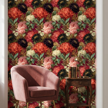 Vintage Çiçek Desenli Duvar Kağıdı Bordo Fon Salon