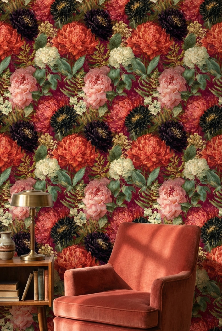 Vintage Çiçek Desenli Duvar Kağıdı Bordo Fon Salon