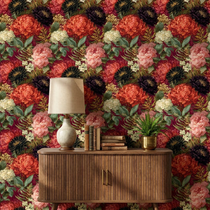 Vintage Çiçek Desenli Duvar Kağıdı Bordo Fon Salon