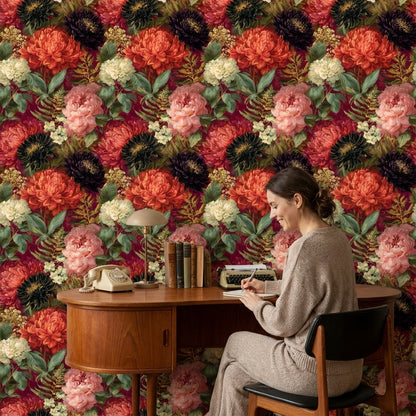 Vintage Çiçek Desenli Duvar Kağıdı Bordo Fon Salon
