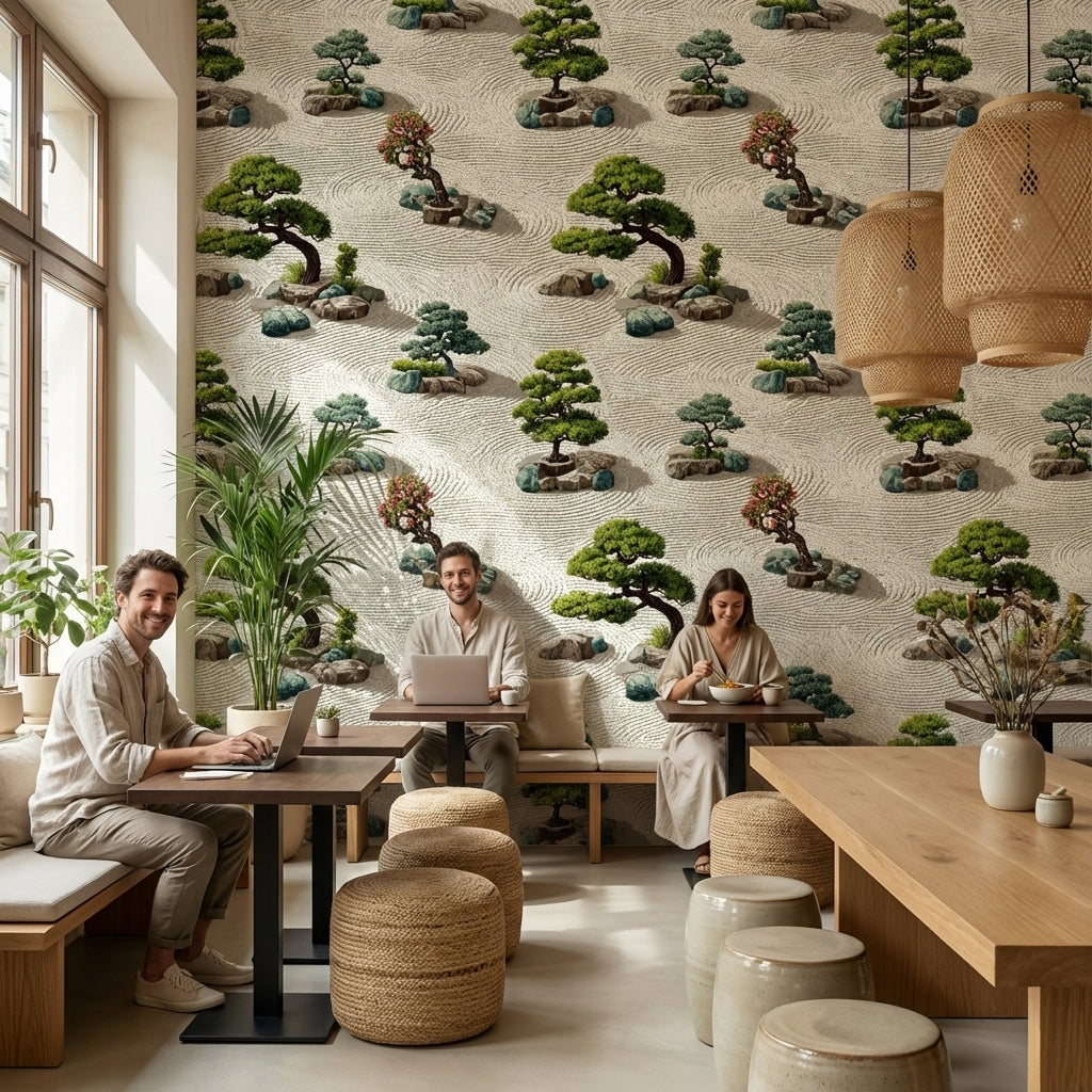 Zen Bahçesi Duvar Kağıdı Yeşil Bonsai Desenli Bej Zemin