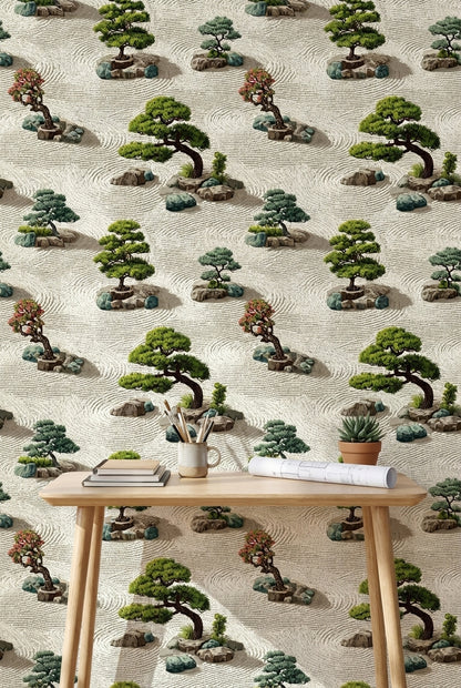 Zen Bahçesi Duvar Kağıdı Yeşil Bonsai Desenli Bej Zemin