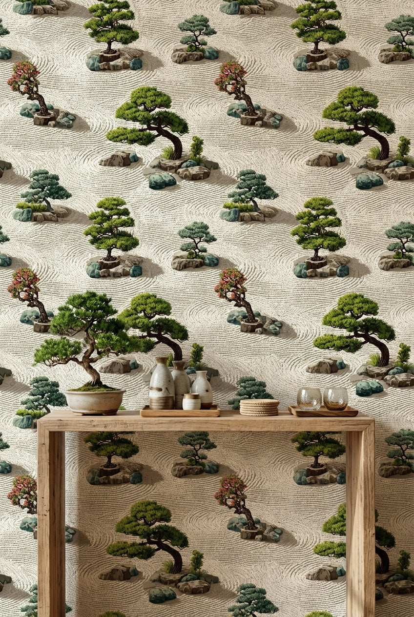 Zen Bahçesi Duvar Kağıdı Yeşil Bonsai Desenli Bej Zemin