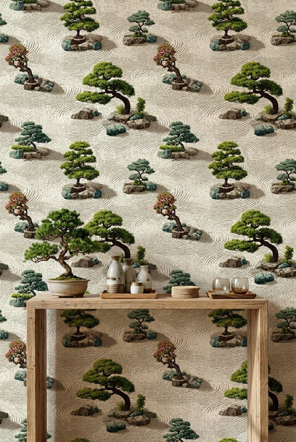 Zen Bahçesi Duvar Kağıdı Yeşil Bonsai Desenli Bej Zemin