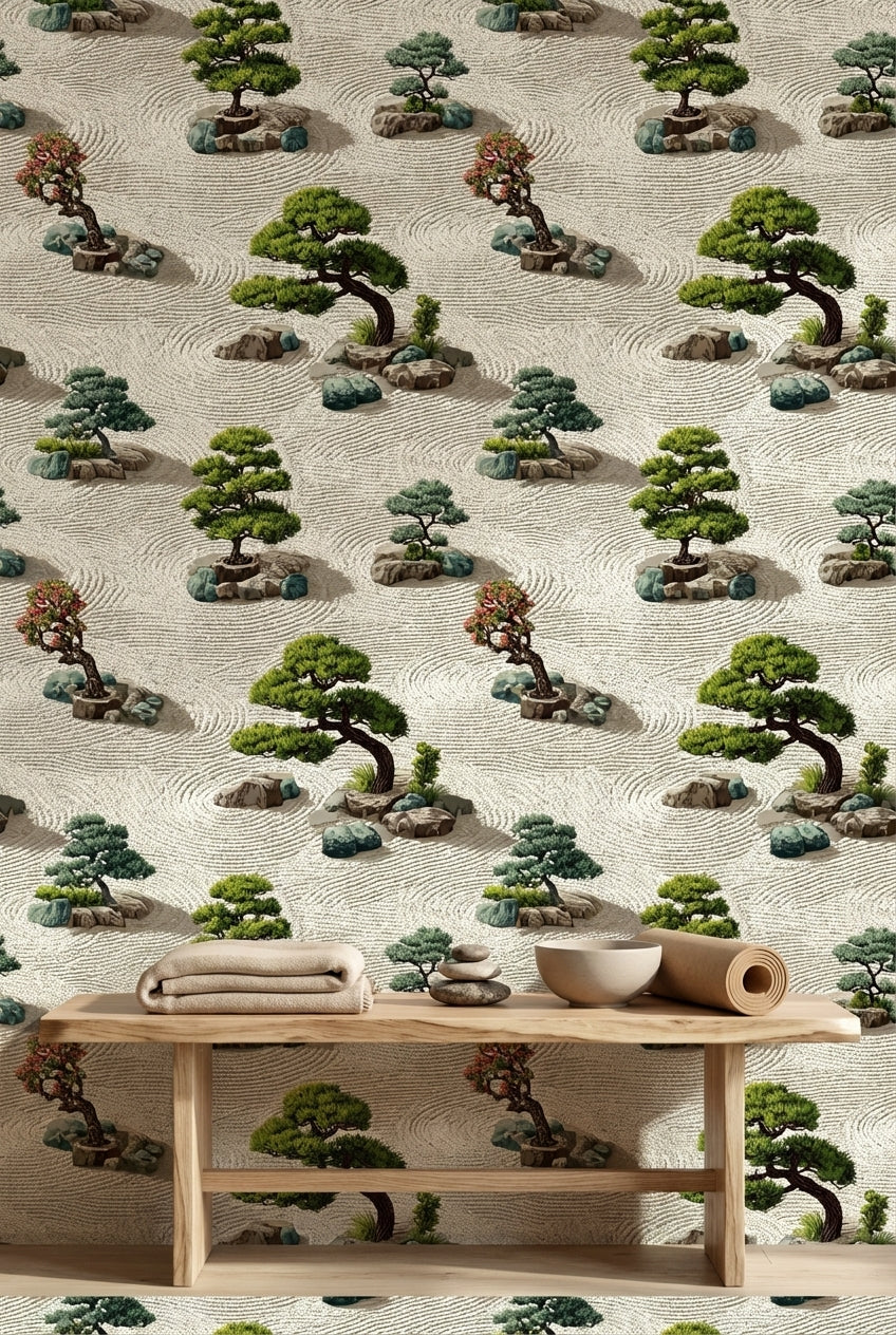 Zen Bahçesi Duvar Kağıdı Yeşil Bonsai Desenli Bej Zemin