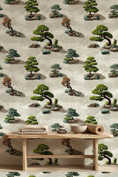 Zen Bahçesi Duvar Kağıdı Yeşil Bonsai Desenli Bej Zemin