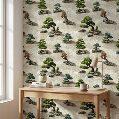 Zen Bahçesi Duvar Kağıdı Yeşil Bonsai Desenli Bej Zemin