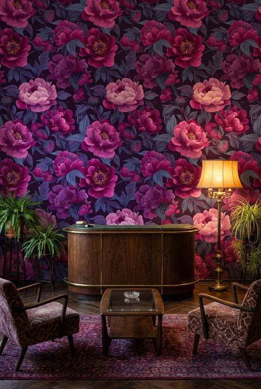 Büyük Çiçekli Duvar Kağıdı Mor Pembe Vintage Salon