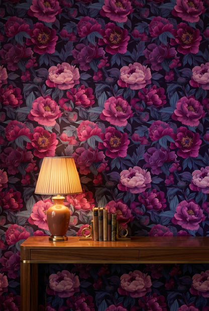 Büyük Çiçekli Duvar Kağıdı Mor Pembe Vintage Salon