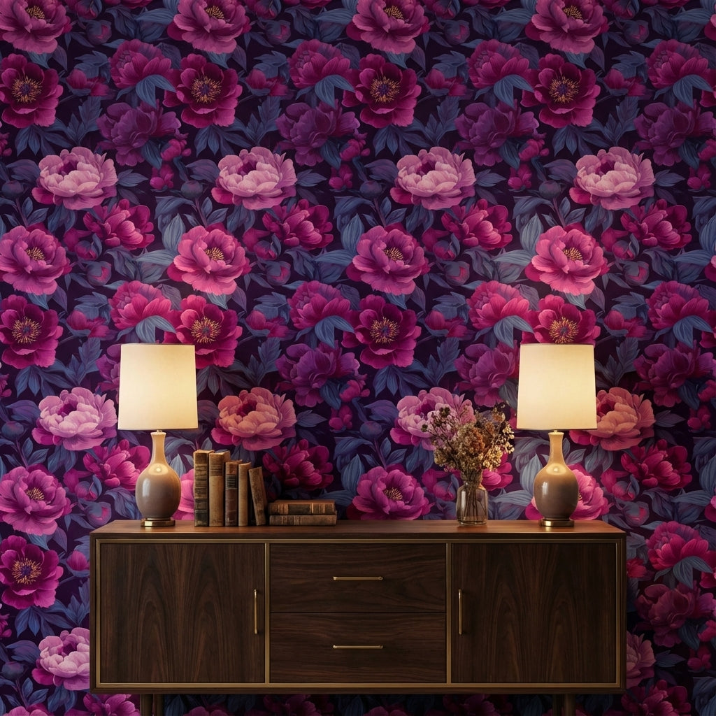 Büyük Çiçekli Duvar Kağıdı Mor Pembe Vintage Salon