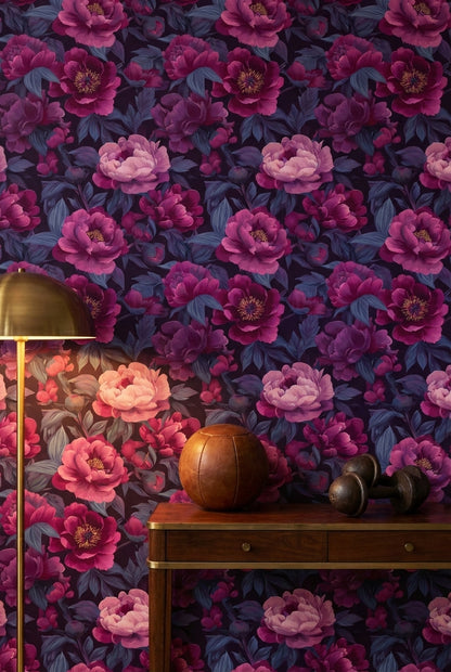 Büyük Çiçekli Duvar Kağıdı Mor Pembe Vintage Salon