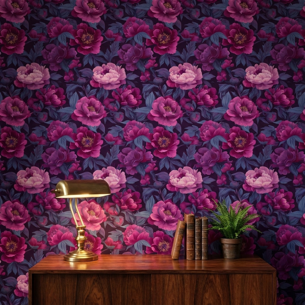 Büyük Çiçekli Duvar Kağıdı Mor Pembe Vintage Salon