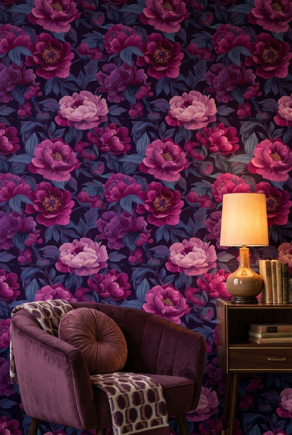 Büyük Çiçekli Duvar Kağıdı Mor Pembe Vintage Salon