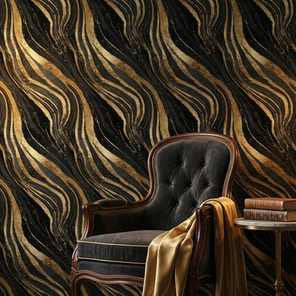 Siyah Altın Dalgalı Çizgili Duvar Kağıdı Salon