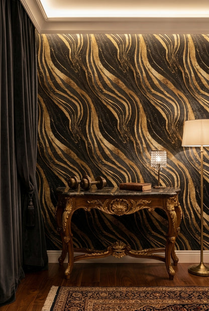 Siyah Altın Dalgalı Çizgili Duvar Kağıdı Salon