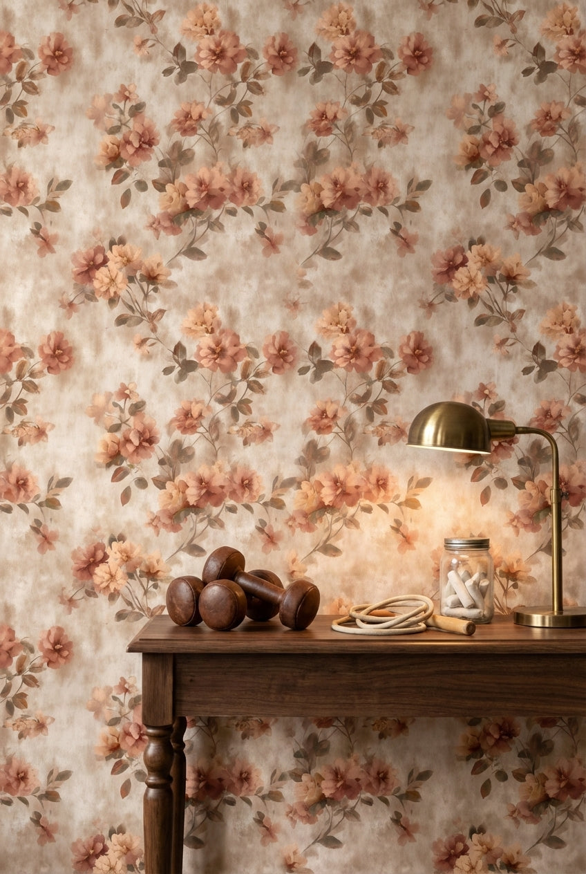 Pastel Çiçekli Duvar Kağıdı Bej Zemin Salon Deseni