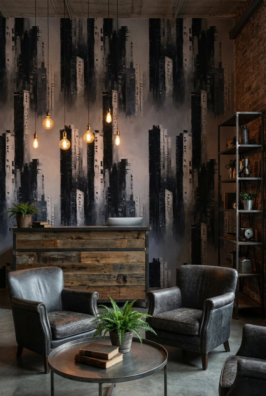 Soyut Şehir Silüeti Duvar Kağıdı Gri Siyah Modern Salon