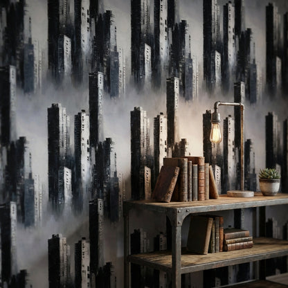 Soyut Şehir Silüeti Duvar Kağıdı Gri Siyah Modern Salon