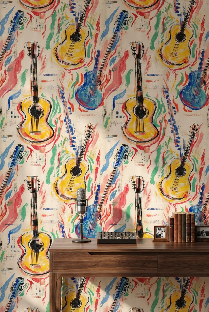 Renkli Gitar Desenli Duvar Kağıdı Modern Müzik Temalı