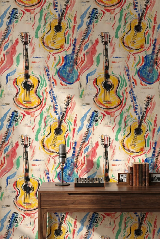 Renkli Gitar Desenli Duvar Kağıdı Modern Müzik Temalı