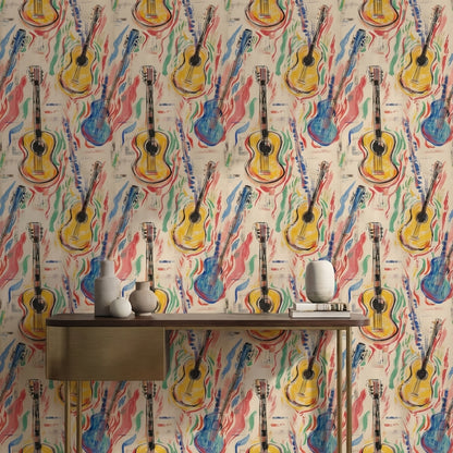 Renkli Gitar Desenli Duvar Kağıdı Modern Müzik Temalı