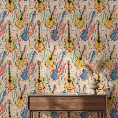 Renkli Gitar Desenli Duvar Kağıdı Modern Müzik Temalı